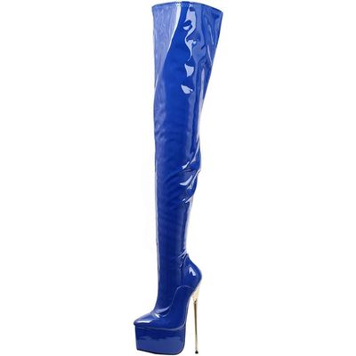 SPONYBORTY Women's 22 cm Stiletto Thigh-High Platform Boots, Gold Metal Heel, Open Toe, Size 45 EU
