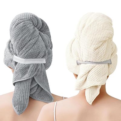 BellaGesundheit 2-Pack Microfiber Hair Turbans with Elastic Band, 100 x 60 cm, Fast-Drying & Highly Absorbent, Gray & Cream White