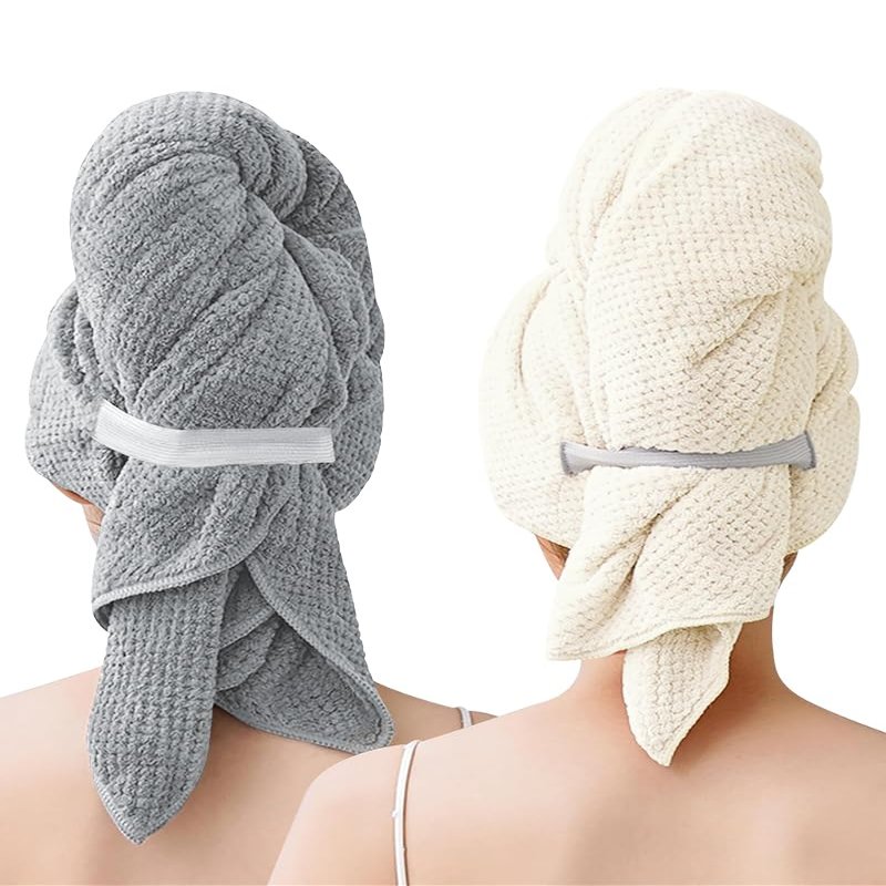 BellaGesundheit 2-Pack Microfiber Hair Turbans with Elastic Band, 100 x 60 cm, Fast-Drying & Highly Absorbent, Gray & Cream White
