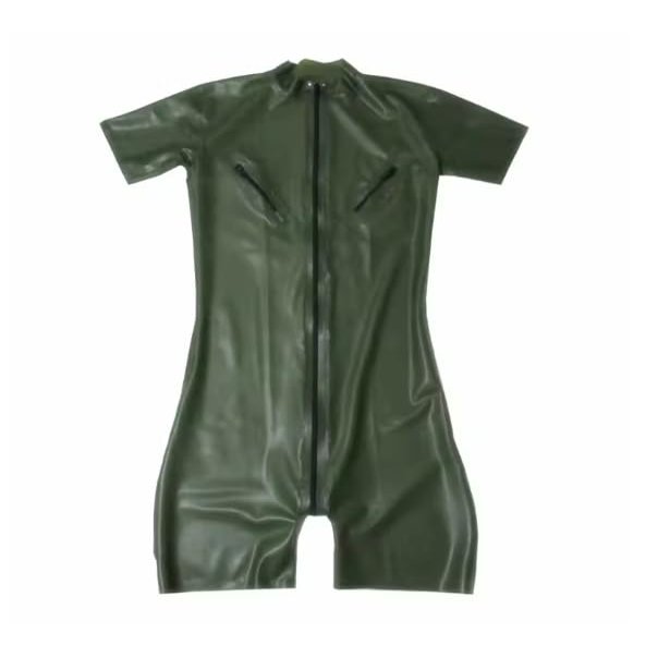 VIYOLI Latex Catsuit for Men with Nipple Zippers, Army Green, Natural Rubber, Short Legs, Front Zipper, Custom-Made, Pink, 3XL