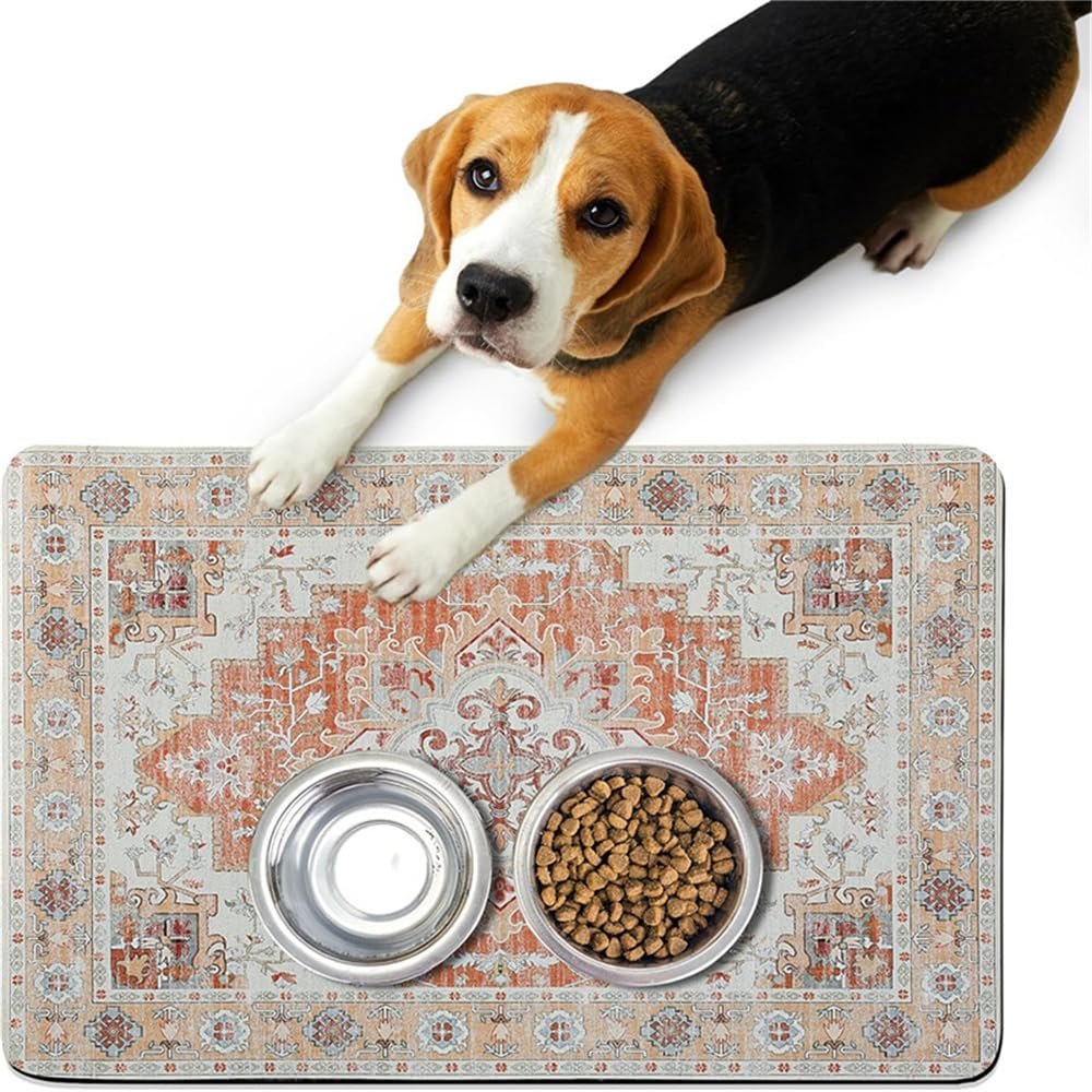 Hixingo Dog & Cat Bowl Mat, Absorbent Non-Slip Pet Feeding Mat, Washable, Retro Bohemian Exotic, 20 x 30 cm