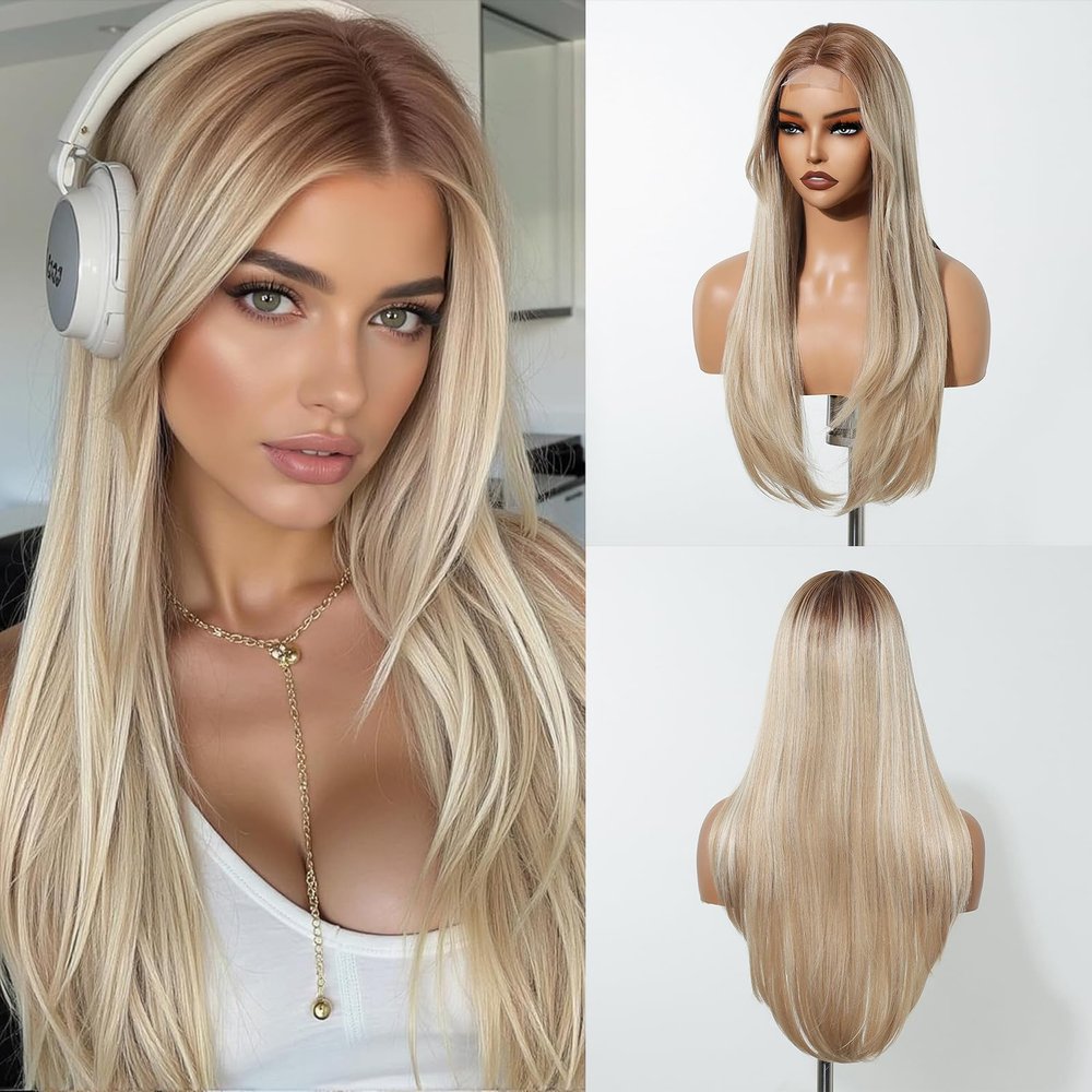 testar Long Straight Blonde Wig for White Women, Ombre Brown-Blonde, Silky Straight Synthetic Hair, Center Part, Layered, 26 Inches