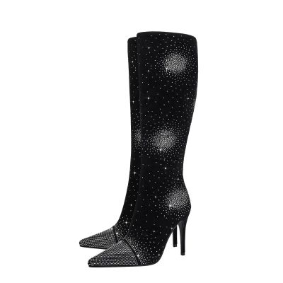 WOkismD 10 cm Pointed Rhinestone Stiletto Ultra-High Heel Side-Zipper Fashionable Large-Size Women's Long Boots, Black, EU 35