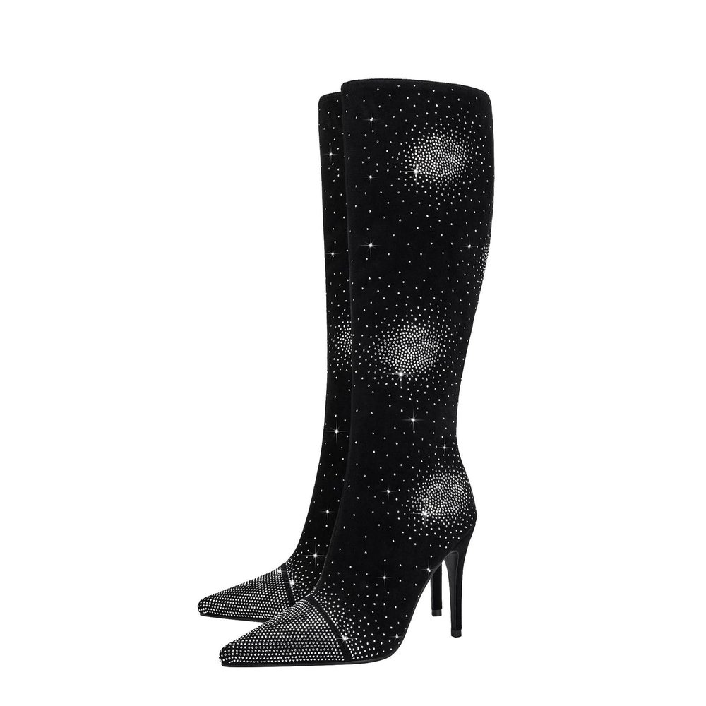 WOkismD 10 cm Pointed Rhinestone Stiletto Ultra-High Heel Side-Zipper Fashionable Large-Size Women's Long Boots, Black, EU 35