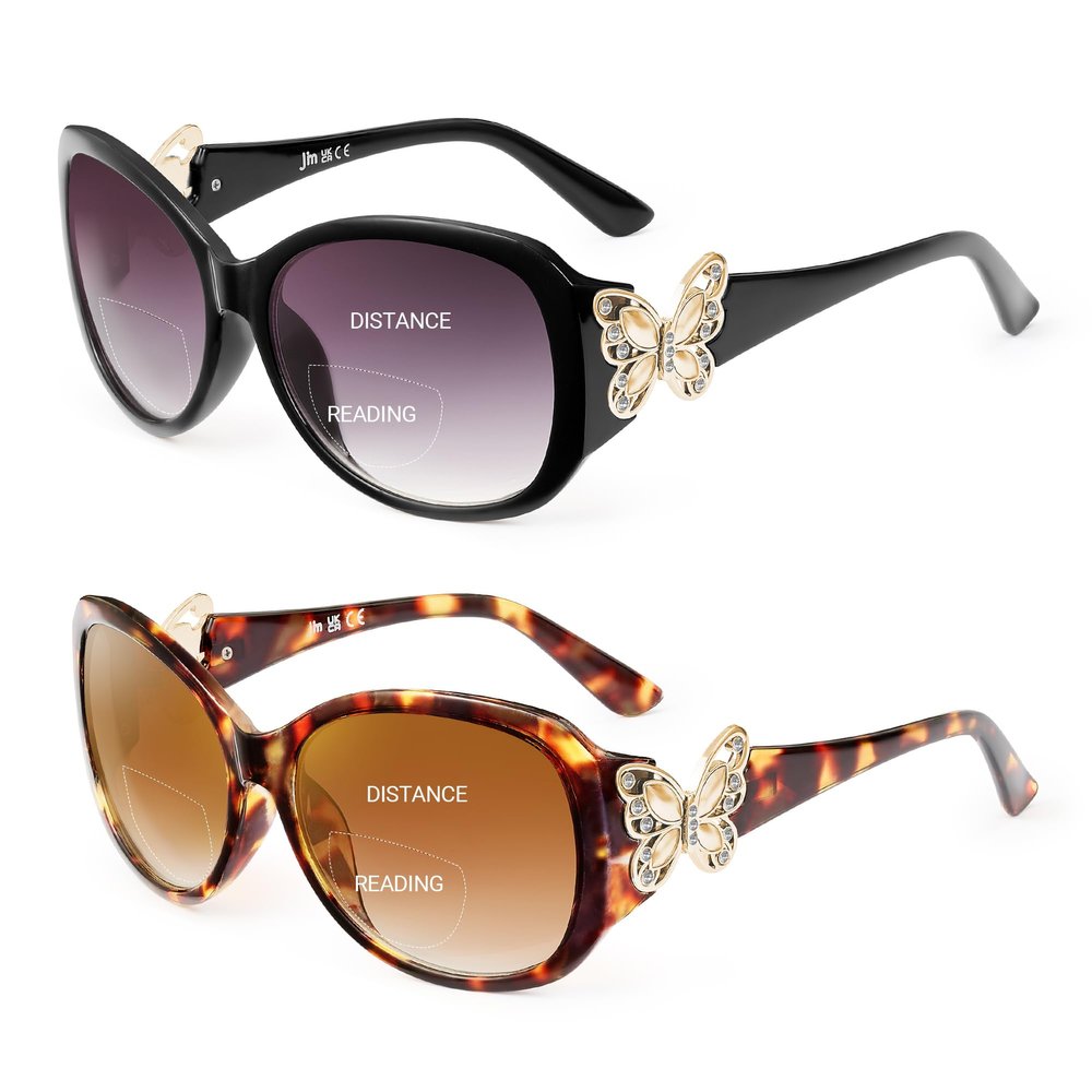 JM Classic Bifocal Reading Sunglasses for Women, Vintage, Black + Tortoiseshell, +1.0