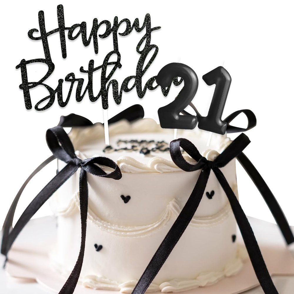 Happy Birthday Cake Decorations with Satin Ribbon and Number 21 Birthday Candle, Cake Decor for 20th Birthday, Girls and Boys