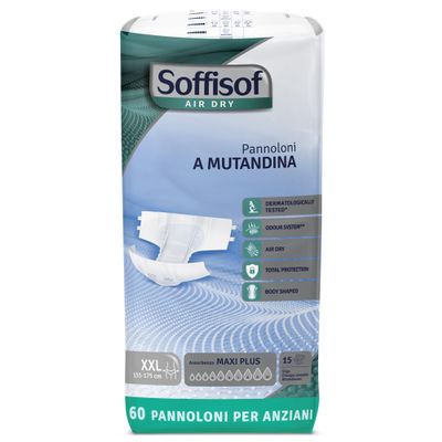 Soffisof Air Dry Adult Diapers Maxi Plus XXL – 60 Incontinence Briefs, 4 Packs of 15