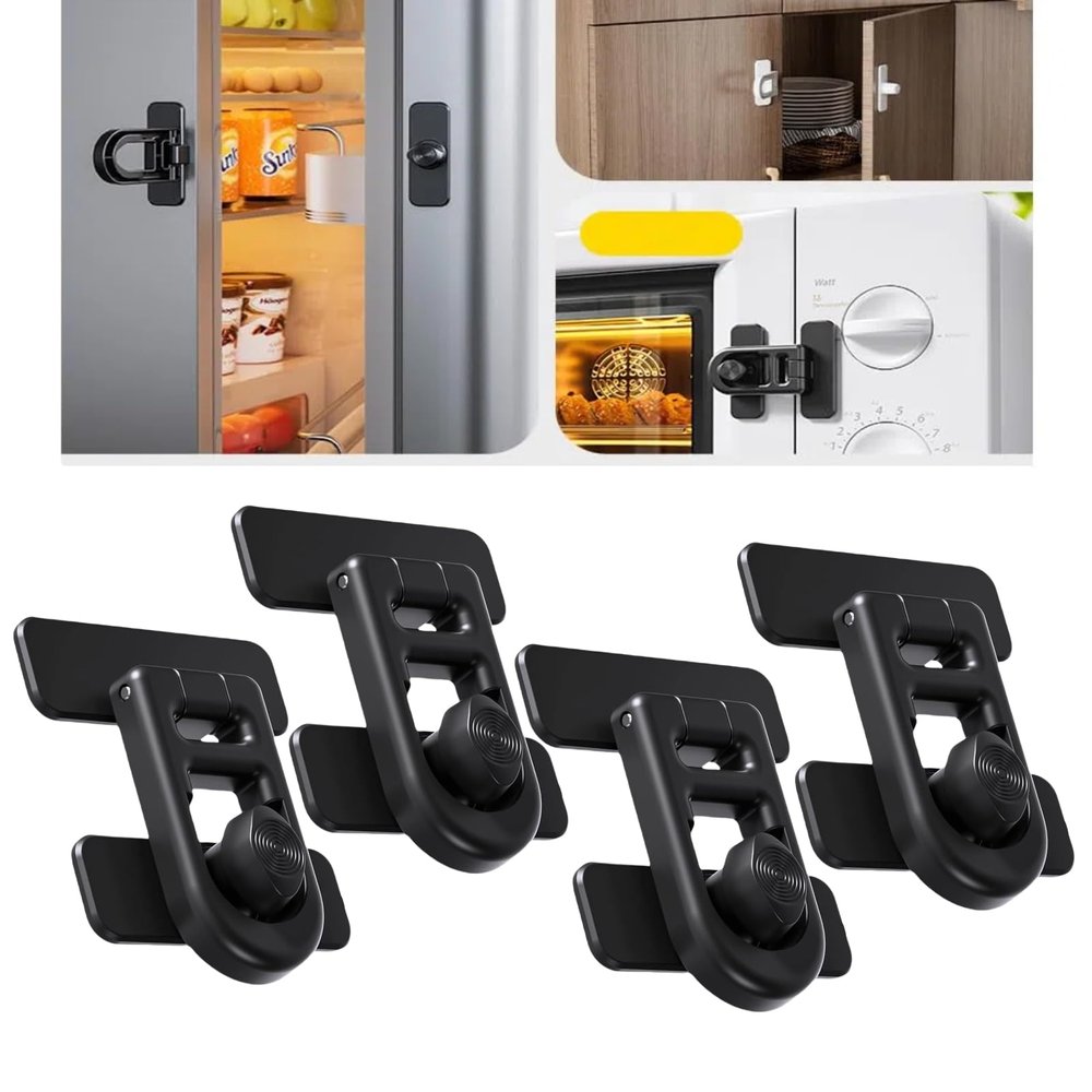 Childproof Cabinet Locks, 4-Pack, No-Drill Adhesive Drawer Locks, Black
