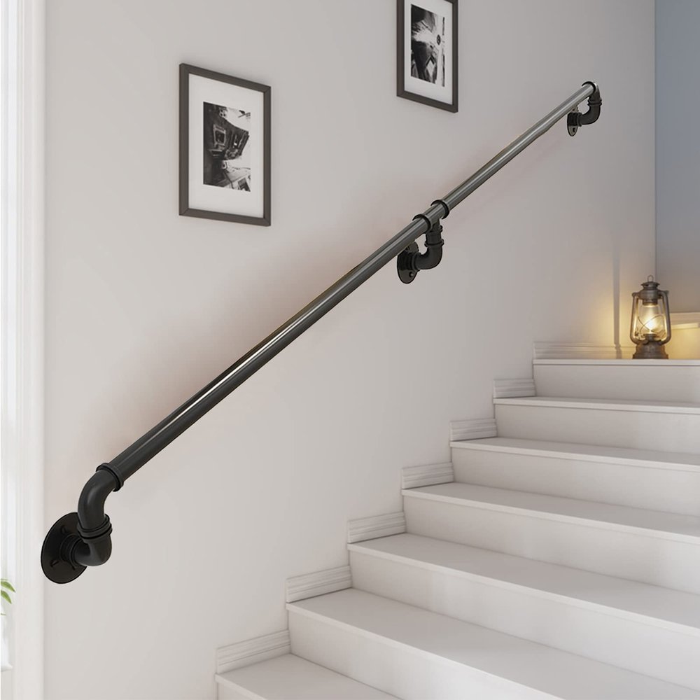 Outdoor Handrail for Stairs, Black Wrought Iron, Wall-Mounted, 330 cm