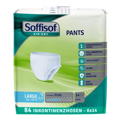 Soffisof Air Dry Adult Diaper Pants Plus L, 84 Count, 6 Packs of 14, 6-Drop