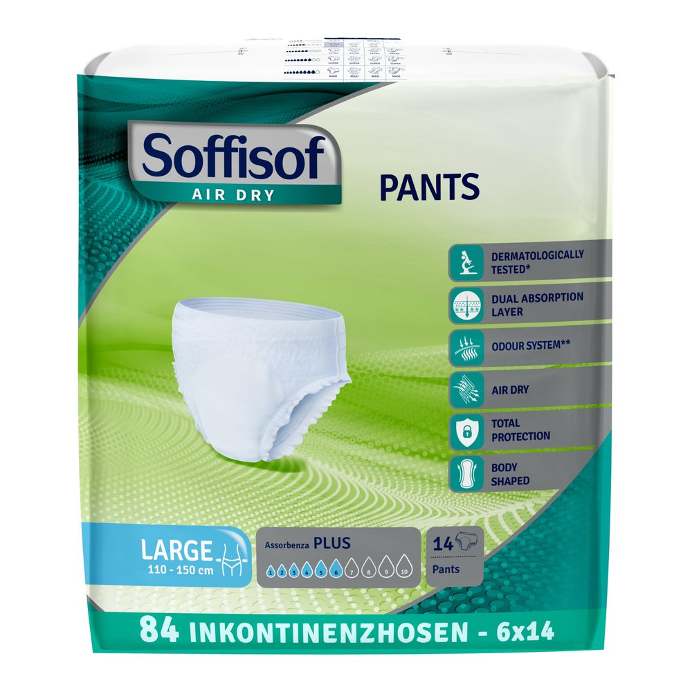 Soffisof Air Dry Adult Diaper Pants Plus L, 84 Count, 6 Packs of 14, 6-Drop