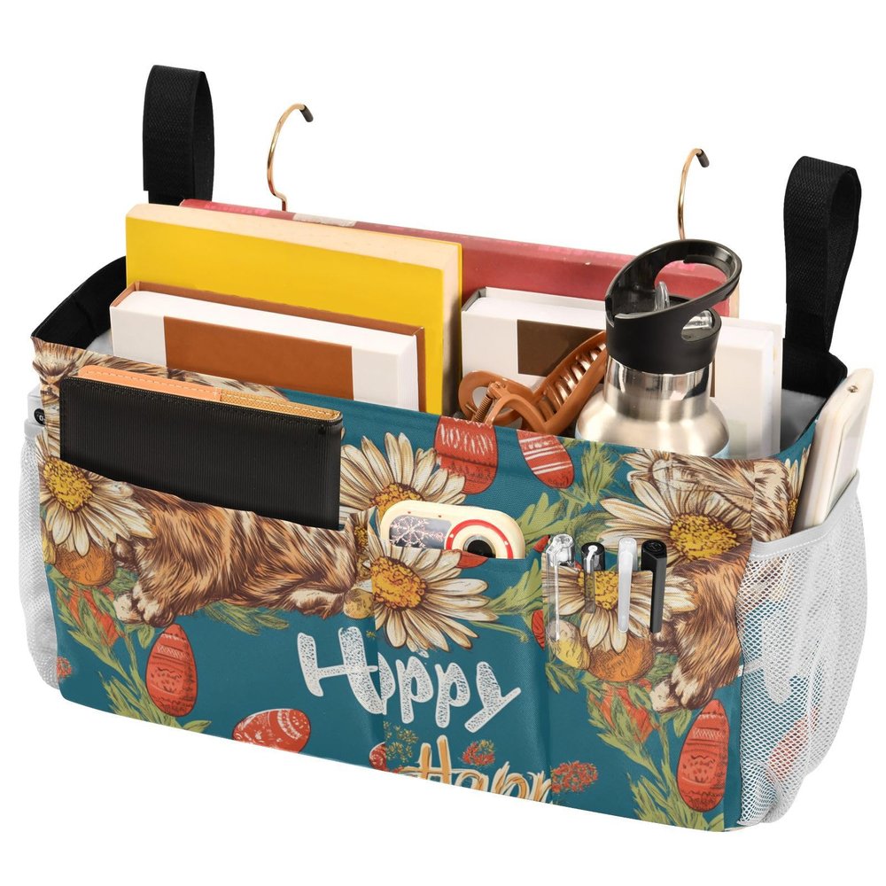 FRODOTGV Bedside Caddy, Happy Easter Rabbit, Carrot, Floral Daisy and Egg Design