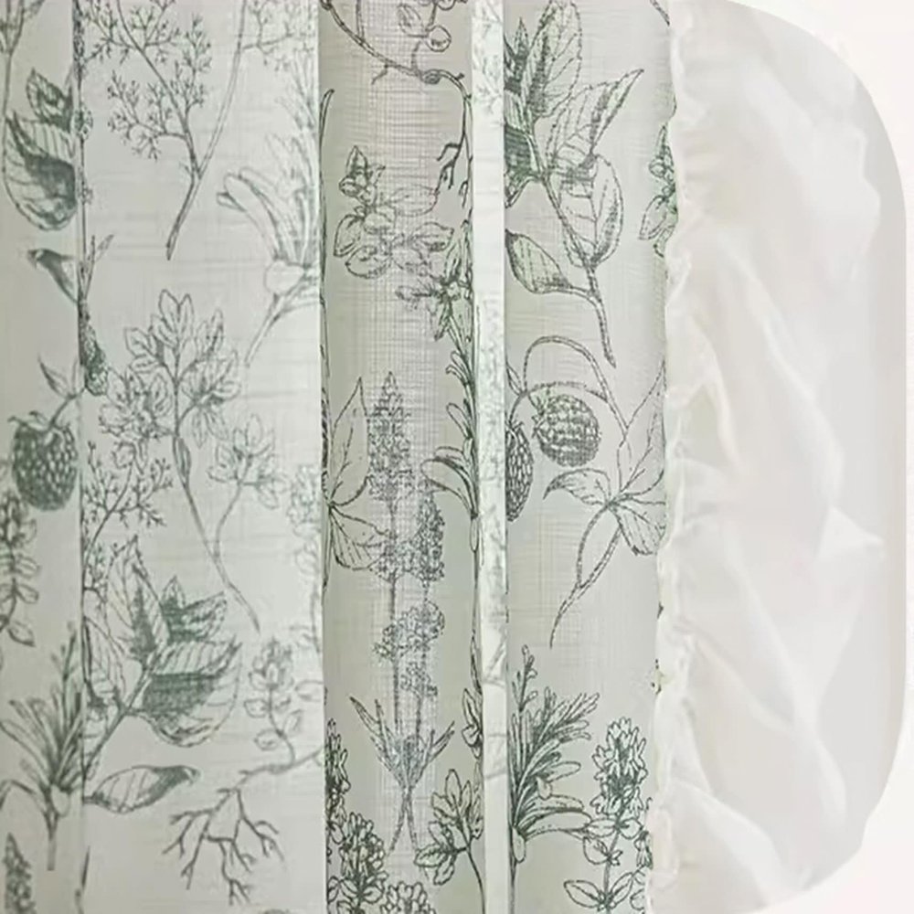 Lirzxin Thermal Blackout Curtains with Grommets, Green Floral Pattern with Lace, 86 x 183 cm, Set of 2