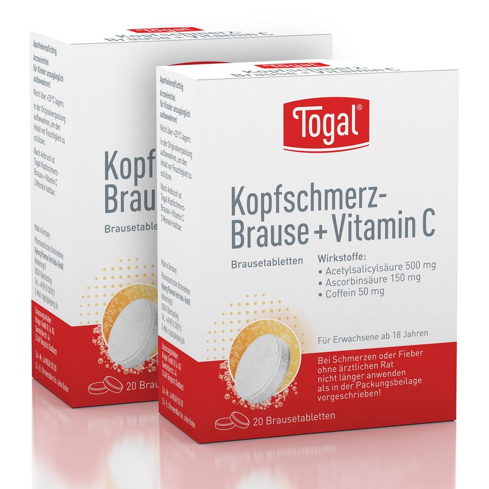 Togal Headache Effervescent Tablets + Vitamin C for Mild to Moderate Pain, with Caffeine and Vitamin C, 2 x 20 Tablets