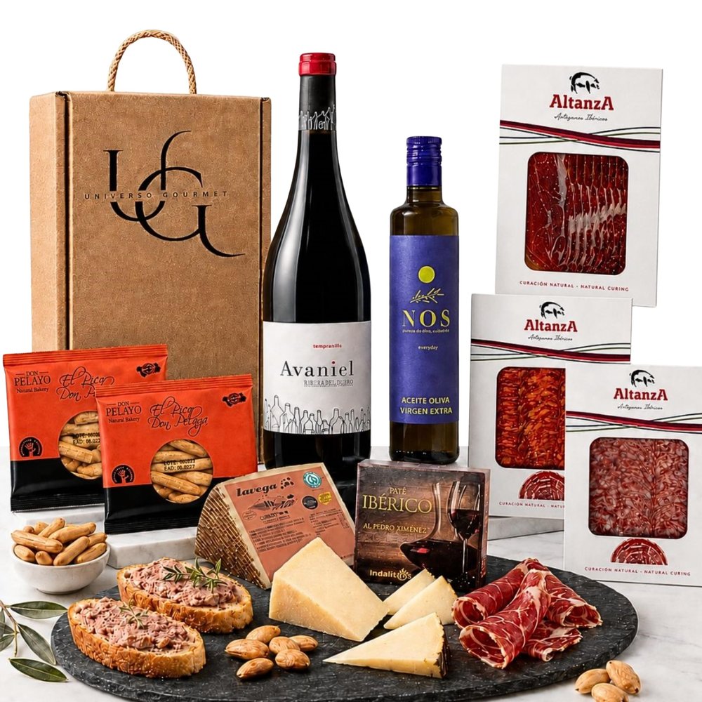 UNIVERSO GOURMET | Exclusive Gourmet Gift Box with Ribera del Duero Red Wine, Extra Virgin Olive Oil, Iberico Specialties, Ham & Sheep's Cheese