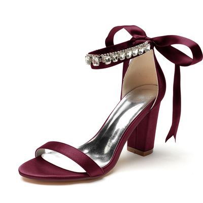 Women's Burgundy Satin Wedding Shoes, Low Block Heel, Open Toe, EU 37