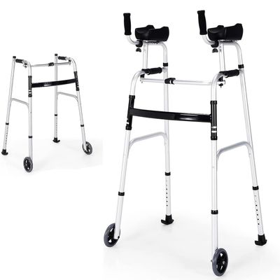 Folding Walker with Wheels and Armrests, Adjustable Walking Aid with Stand-Up Support