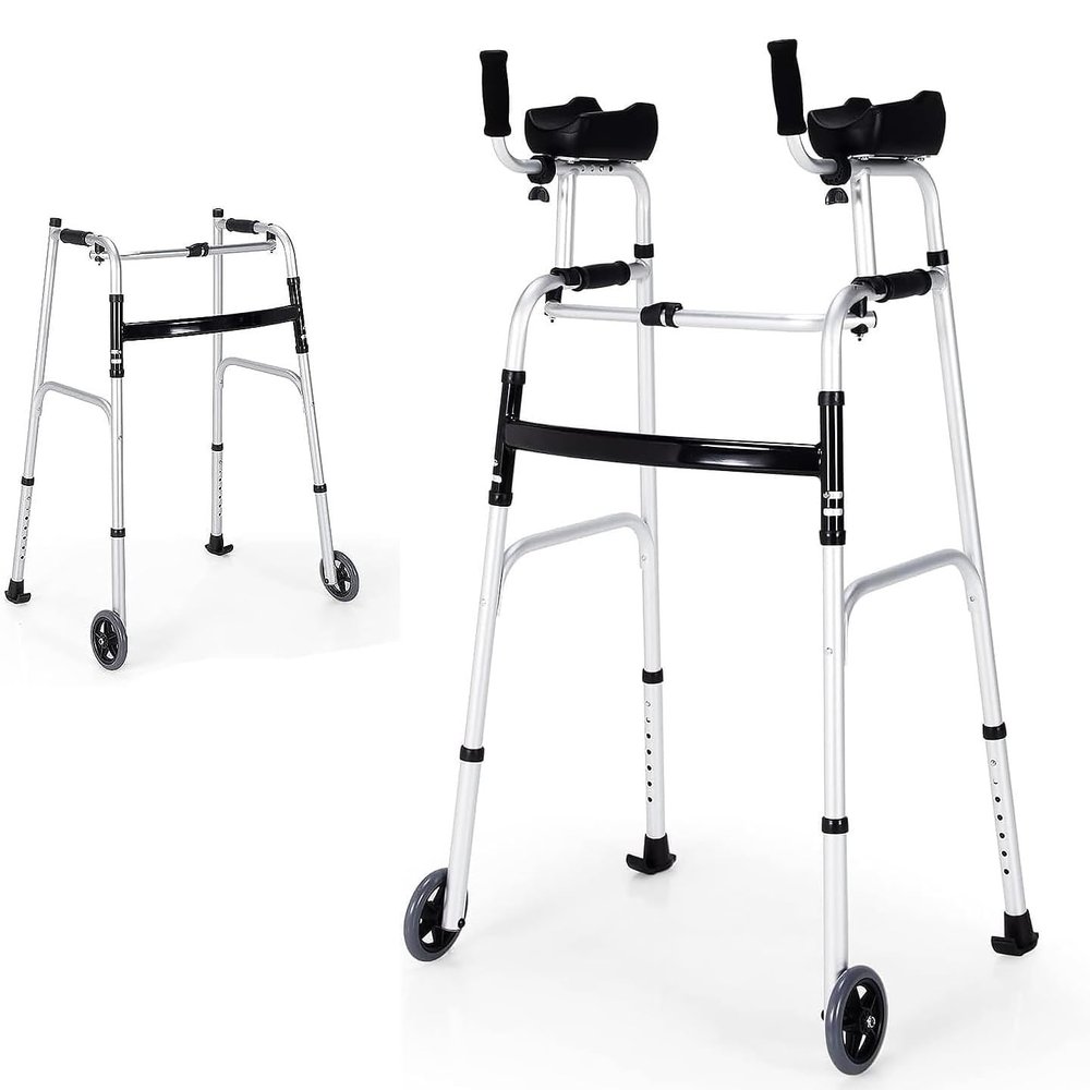 Folding Walker with Wheels and Armrests, Adjustable Walking Aid with Stand-Up Support