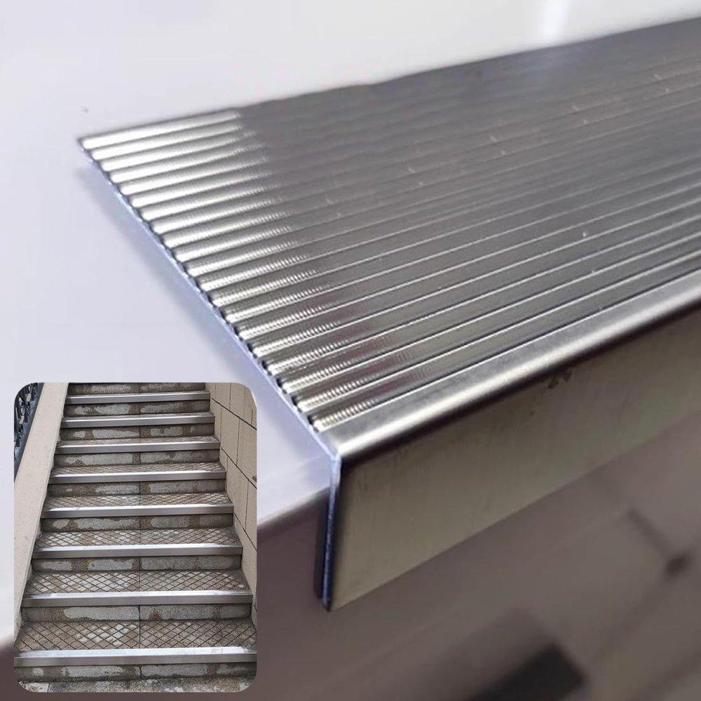 ENHEN L-Shaped Stair Edge Protector, Wide Stainless Steel, Anti-Slip Concrete/Cement Tile Stair Cap, 100–190 cm (L-170 cm/67 in, W-4 cm/1 5/8 in)