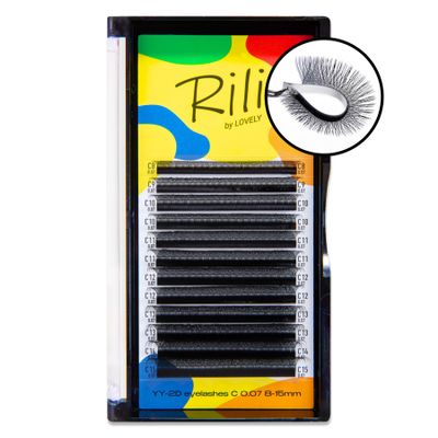LOVELY Rili YY 2x2D Volume Individual Eyelash Extensions, L Curl, 15 mm, 12 Rows, Black