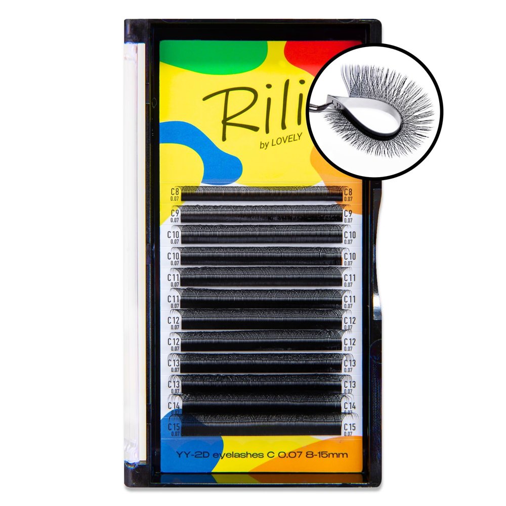 LOVELY Rili YY 2x2D Volume Individual Eyelash Extensions, L Curl, 15 mm, 12 Rows, Black