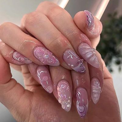 Ceboic 3D Handmade French Pink Press-On Nails with Charms, Medium Almond