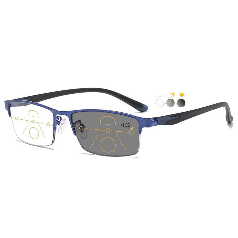 KOOSUFA Semi-Rimless Photochromic Progressive Reading Glasses, Blue, +4.0