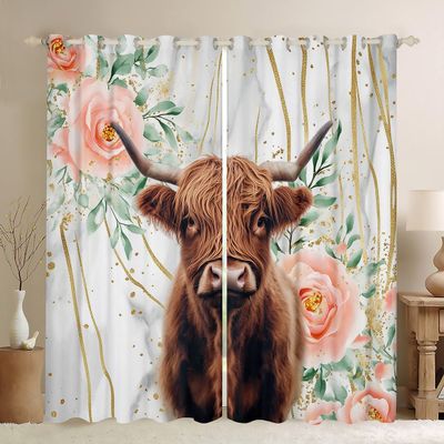 Homewish Highland Cow Curtains, 54 x 46 in (H x W), Children's Wild Animal Pattern Room-Darkening Curtains, Botanical Flowers and Small Farm Animals, 2 Panels