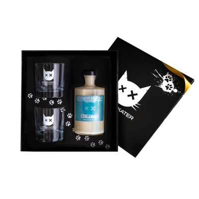 Böser Kater Coconut Cream Liqueur Gift Set with 2 Glasses, Handmade, 0.5 L