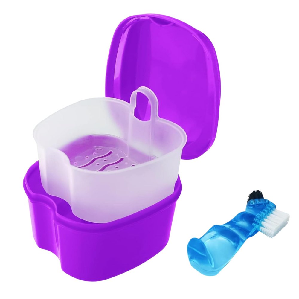 Denture Cleaning Set with Brush and Storage Box (Purple)