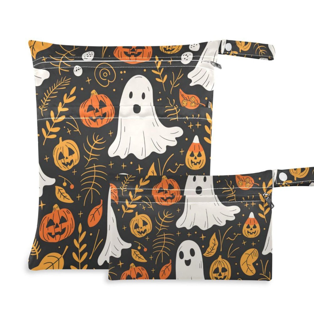 Amooorous Cartoon Wet/Dry Bags with Yellow Halloween Pumpkin, Zippered, Waterproof, 2-Pack