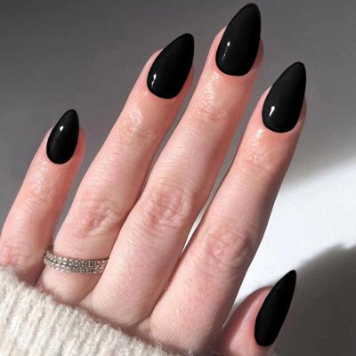 Ceboic 24-Piece Black Press-On Nails, Medium Almond, Reusable Full-Cover Acrylic False Nails