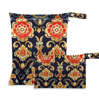 Amooorous Asian-Style Wet/Dry Bags with Elegant Gold Floral Pattern, 2-Pack