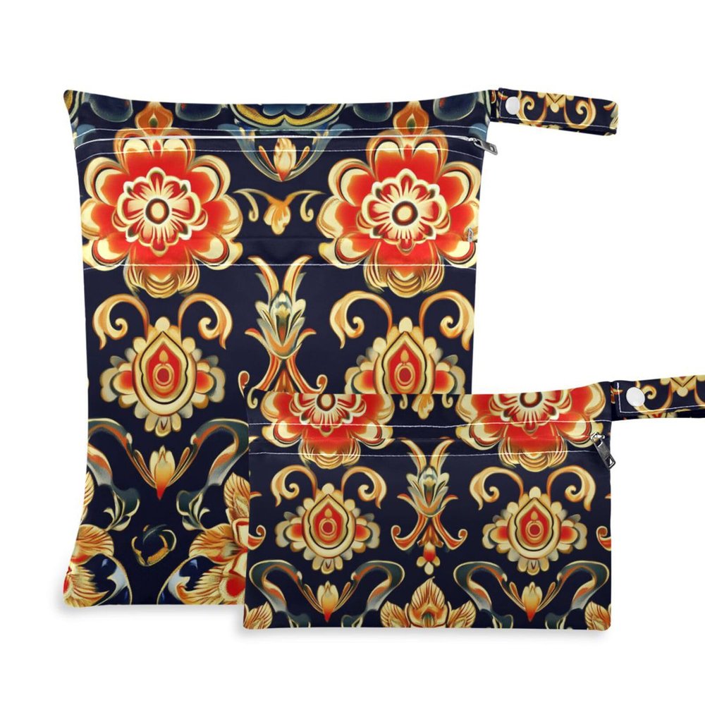 Amooorous Asian-Style Wet/Dry Bags with Elegant Gold Floral Pattern, 2-Pack