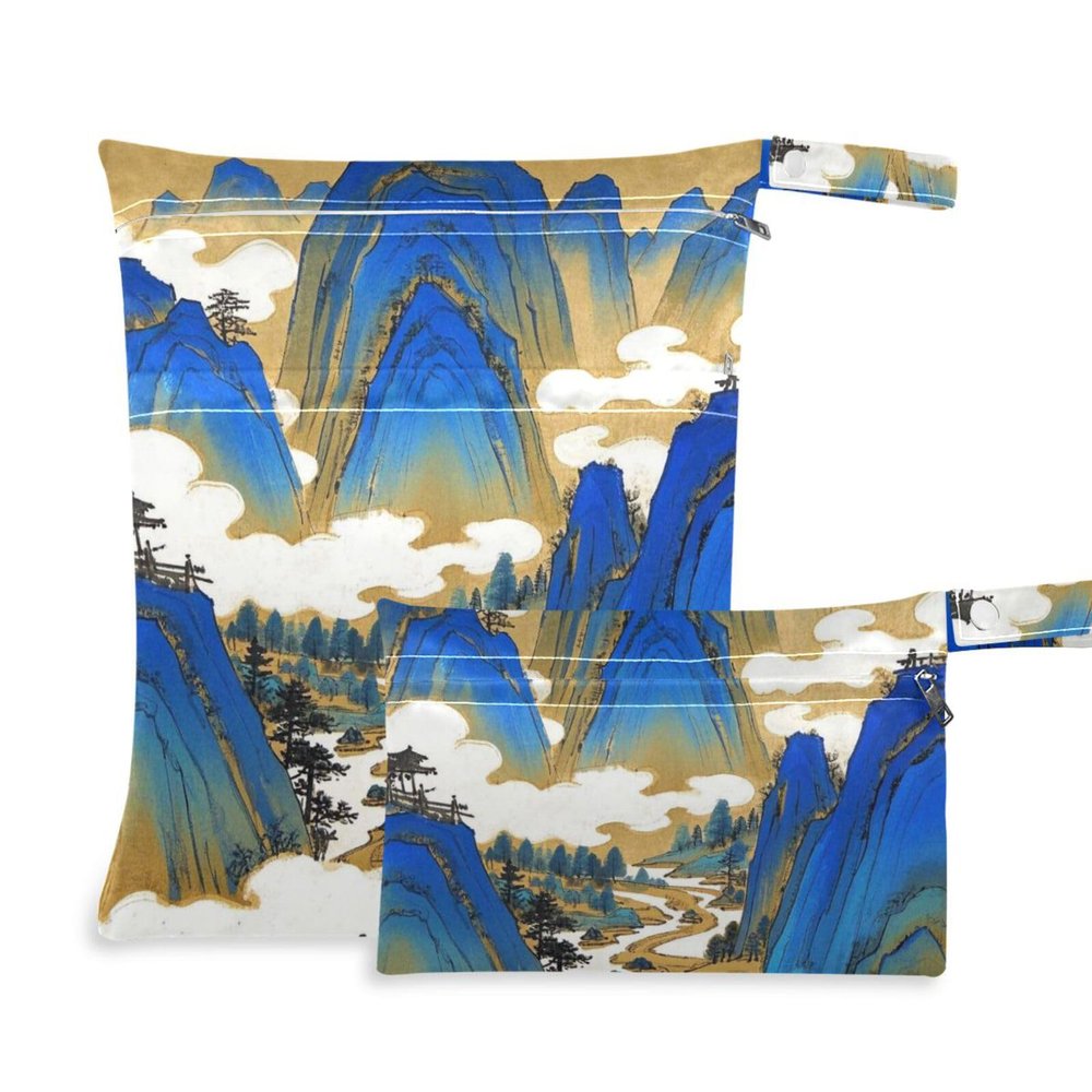Amooorous Zipper Wet/Dry Bags, Chinese Landscape, Blue and Gold, 2-Pack