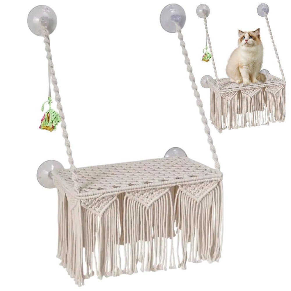 Vobumix Macramé Cat Hammock, Handwoven Hanging Cat Bed and Window Perch