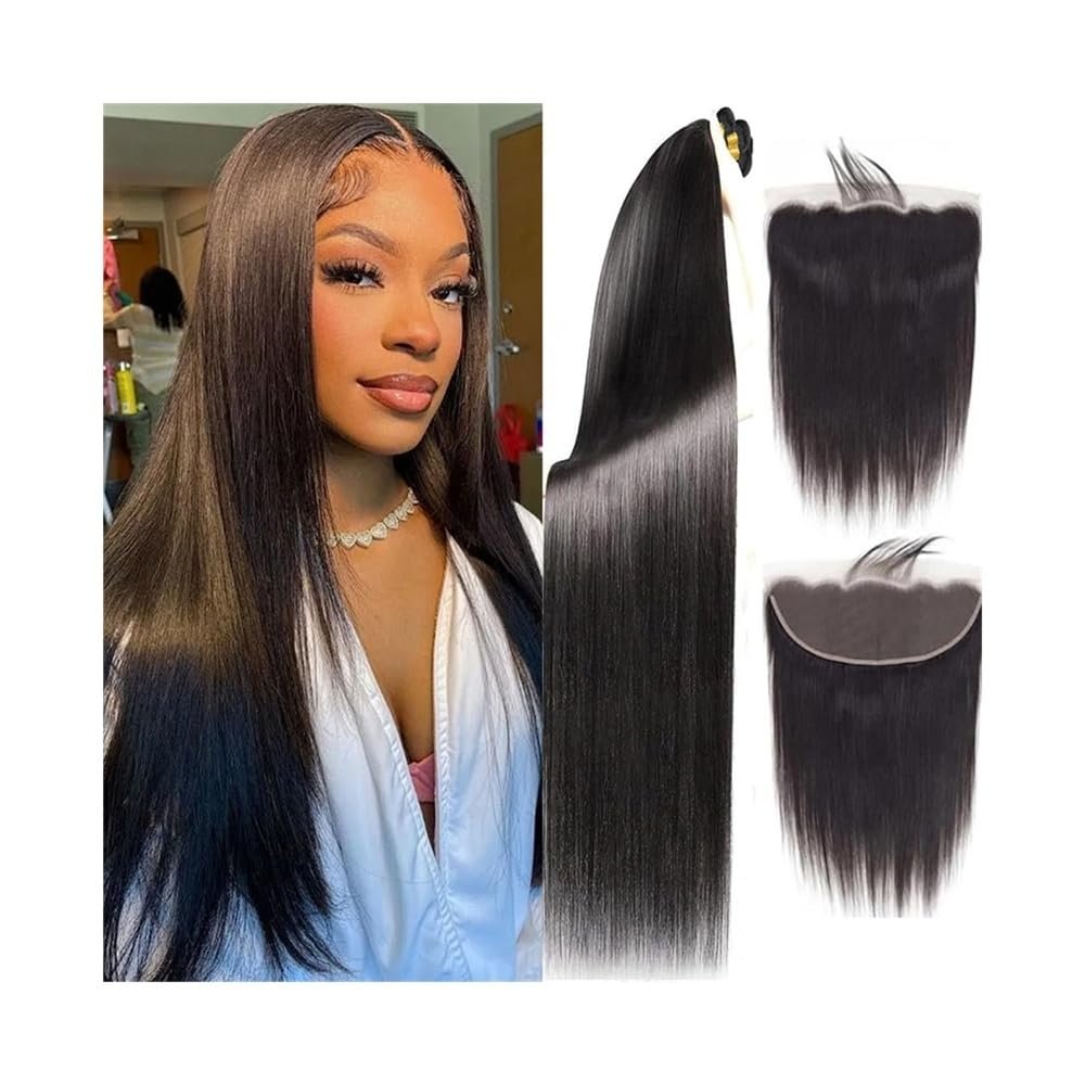 YANG11FAN Straight Brazilian Virgin Human Hair Bundles with 13x4 HD Transparent Lace Frontal, #1B Natural Color, 3 Bundles