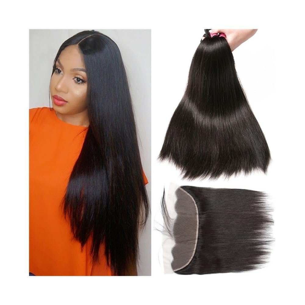 YANG11FAN Human Hair Bundles 8–30 Inches with 13x4 Lace Frontal, Straight Brazilian Remy Hair (14, 16, 18 with 12)