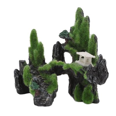 Tbest Aquarium Moss Rockery Decoration with Bridge and Pavilion
