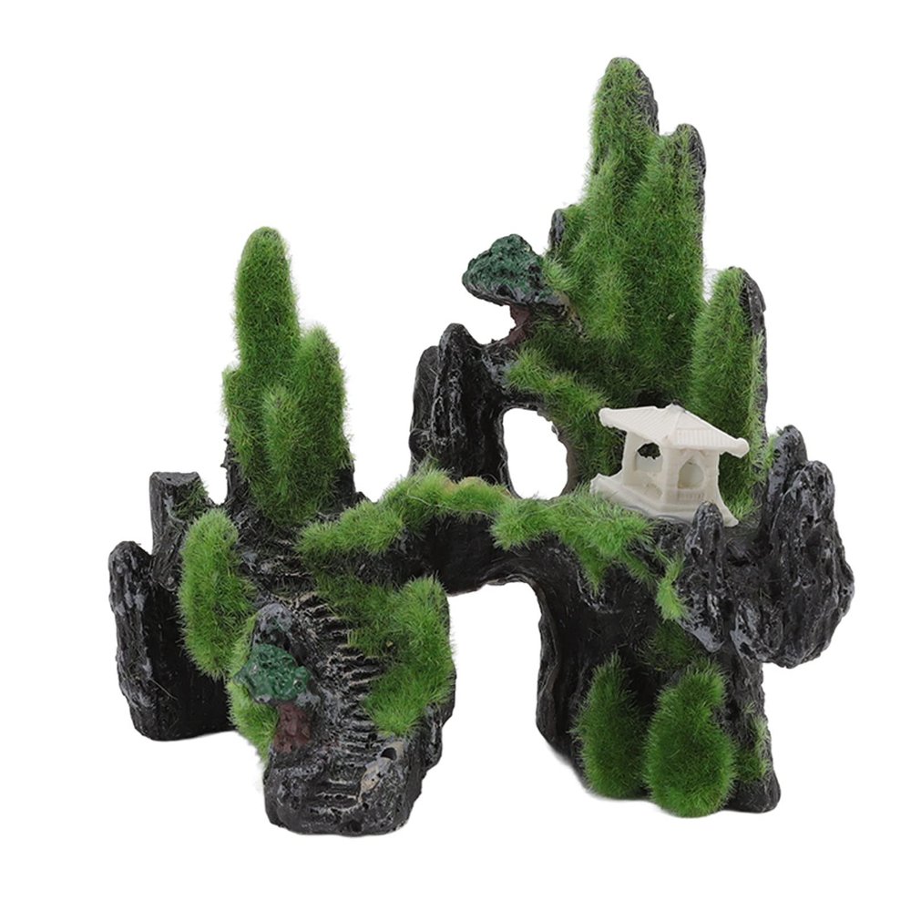 Tbest Aquarium Moss Rockery Decoration with Bridge and Pavilion