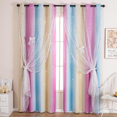 Verycurtain Kids & Girls Rainbow Ombre Double-Layer Star Cutout Blackout Curtains with Foil-Print Sheer, 2-Piece Set for Bedroom, Nursery, Living Room - Yellow/Purple/Blue, 52W x 72L