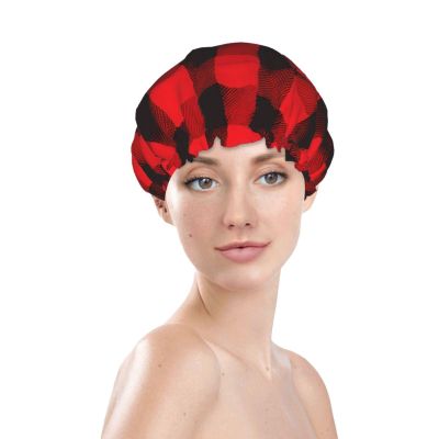 Black and Red Buffalo Plaid Waterproof Reusable Shower Cap