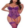 SNATROY Women's Lingerie Set with Stockings, Back Cutout, Heart Detail, Sexy Garter, Cheeky Boudoir Outfit, Curvy Fit, Purple, XL view 1