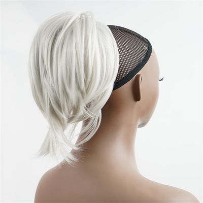 Hair Bun, Short Straight European Wig with Ponytail Clip, White