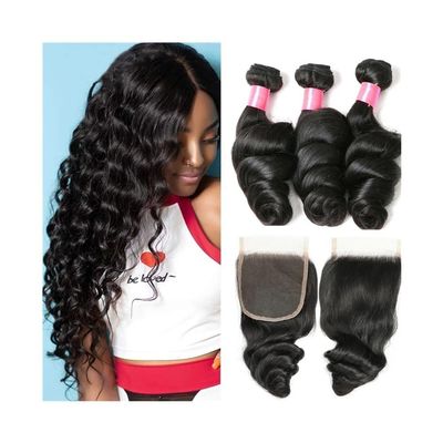 Brazilian Remy Human Hair Extensions, Loose Wave Bundles with 4x4 Closure
