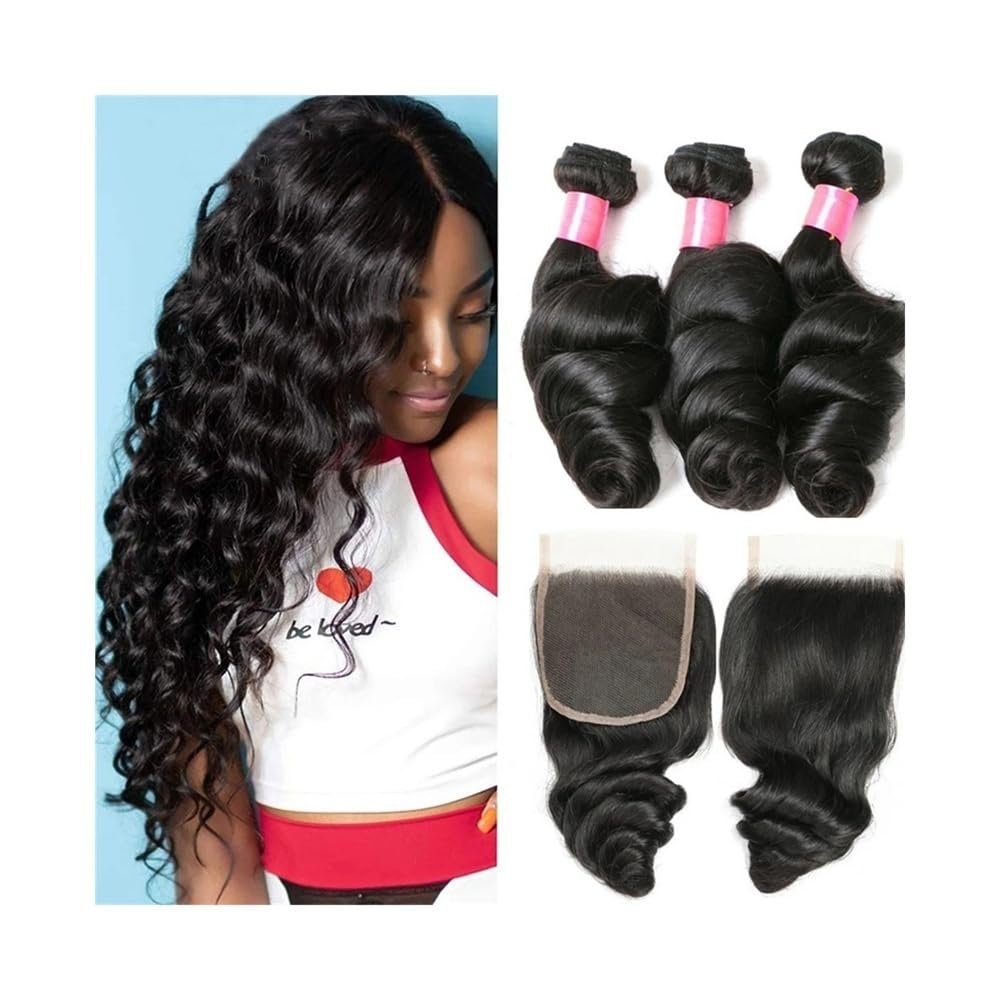Brazilian Remy Human Hair Extensions, Loose Wave Bundles with 4x4 Closure