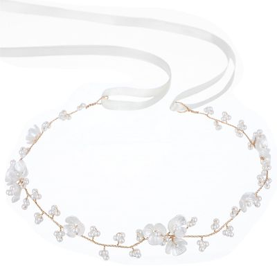 White and Gold Floral Hair Crown with Pearl-Style Accents