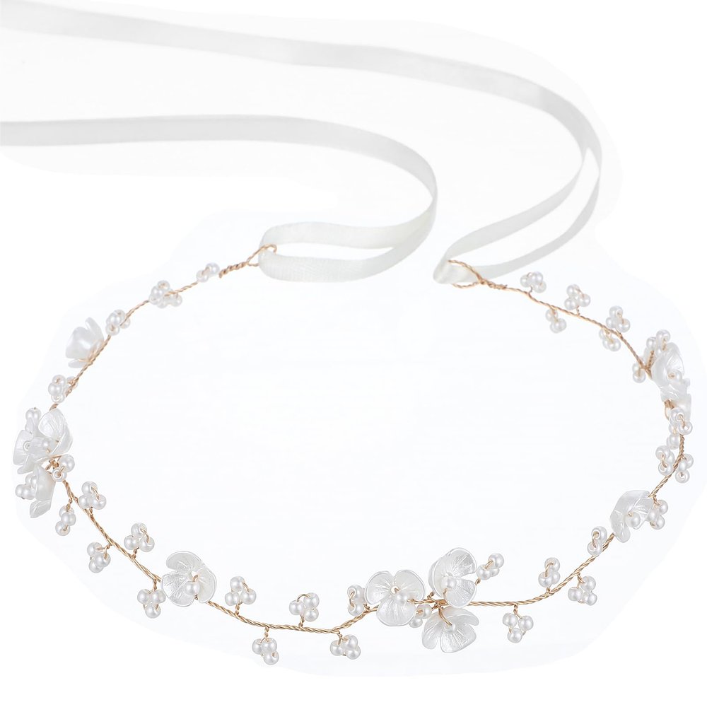 White and Gold Floral Hair Crown with Pearl-Style Accents