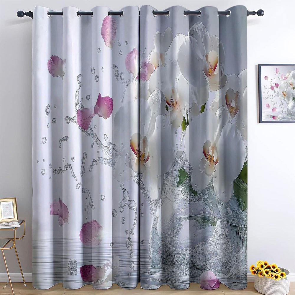 Blackout Curtains, 3D Orchid Water-Splash Print, Eyelet, 2-Piece Set, H166 x W75 cm