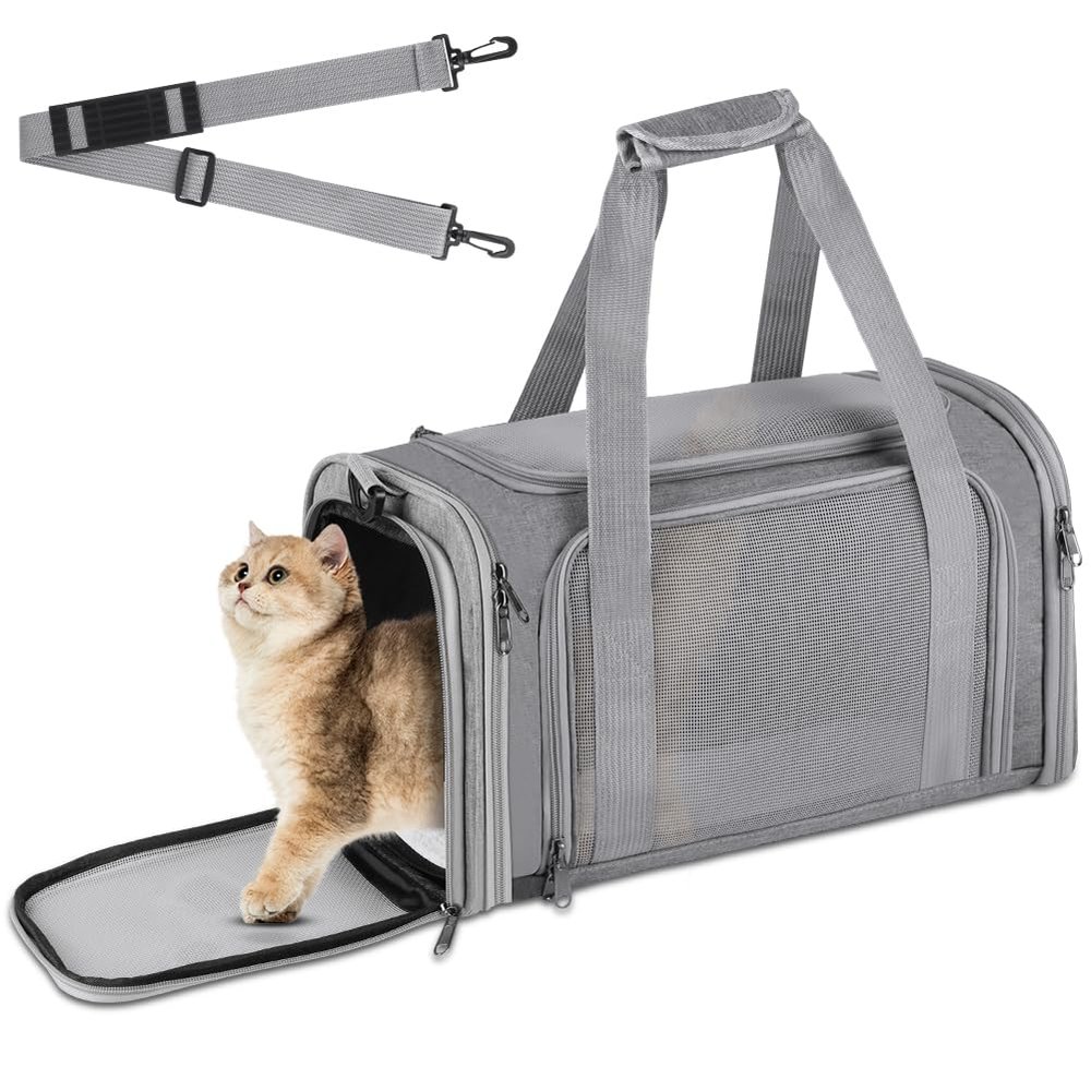 vsshe Foldable Pet Carrier, 40 x 25 x 25 cm, for Small Dogs and Cats, Car and Air Travel, Gray